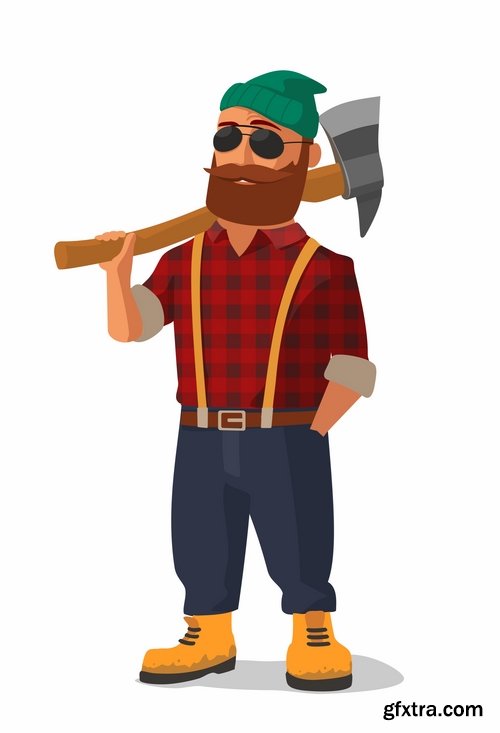 Collection woodcutter lumberjack forester sticker icon flyer banner vector image 25 EPS