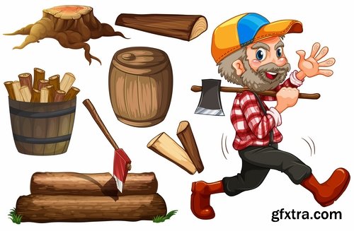 Collection woodcutter lumberjack forester sticker icon flyer banner vector image 25 EPS