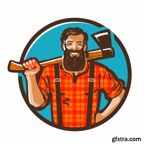 Collection woodcutter lumberjack forester sticker icon flyer banner vector image 25 EPS