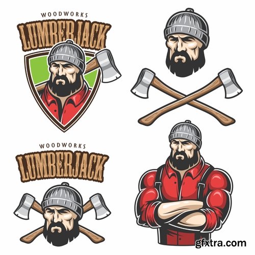 Collection woodcutter lumberjack forester sticker icon flyer banner vector image 25 EPS