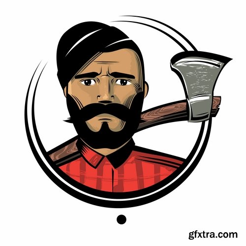 Collection woodcutter lumberjack forester sticker icon flyer banner vector image 25 EPS