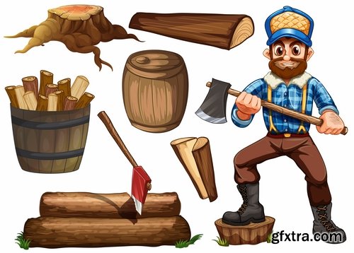 Collection woodcutter lumberjack forester sticker icon flyer banner vector image 25 EPS