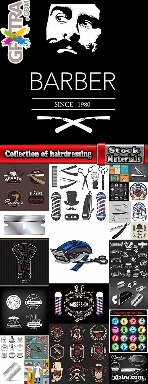 Collection of hairdressing scissors razor blade clippers sticker icon vector image 25 EPS