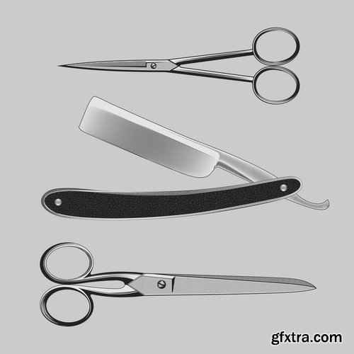 Collection of hairdressing scissors razor blade clippers sticker icon vector image 25 EPS