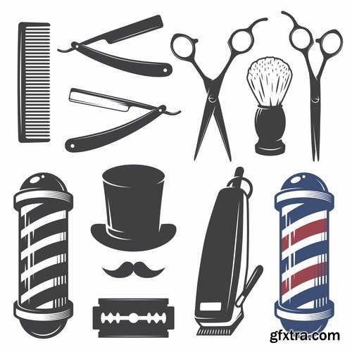 Collection of hairdressing scissors razor blade clippers sticker icon vector image 25 EPS