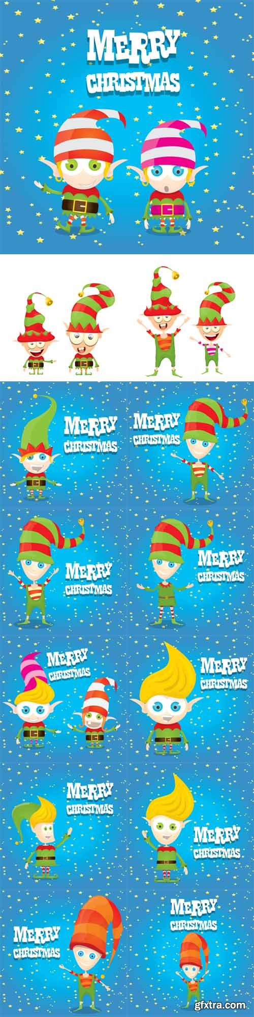 Vector Set - Cartoon Cute Happy Christmas Elfs