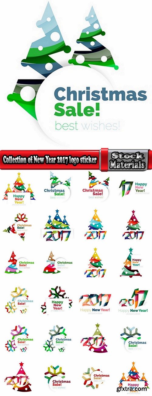 Collection of New Year 2017 logo sticker snowflake Christmas tree sale discount 25 EPS