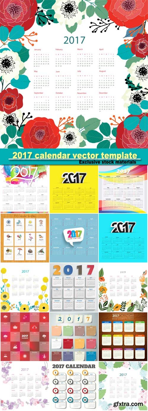 2017 calendar vector template, floral design