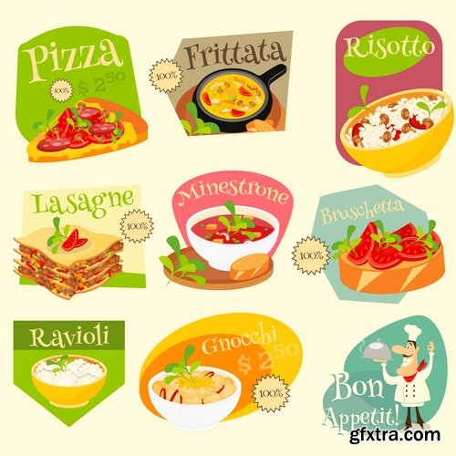 Collection of Italian food lasagna meal sticker icon vector image 25 EPS