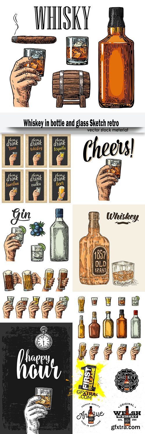 Whiskey in bottle and glass Sketch retro