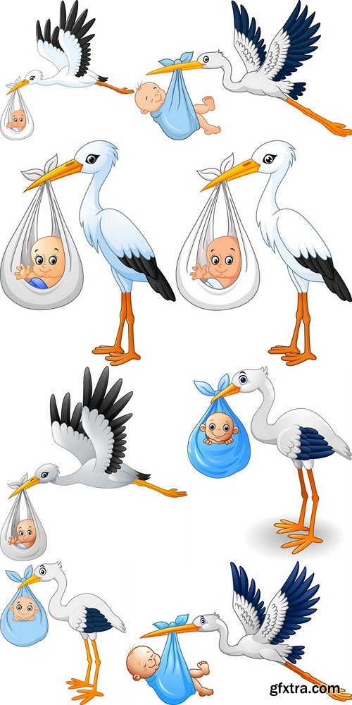 Cartoon stork carrying baby