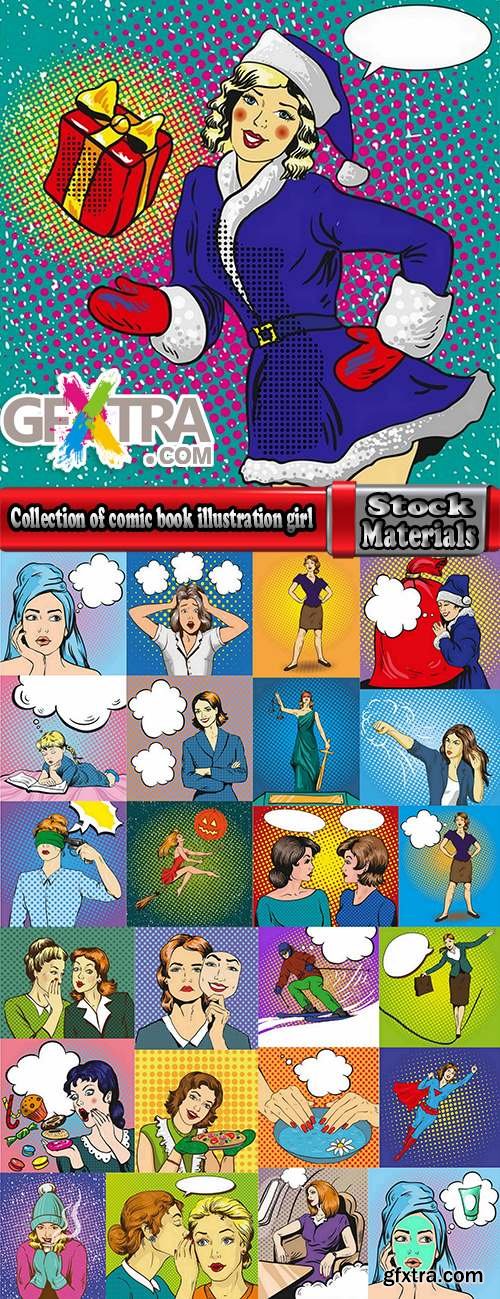 Collection of comic book illustration girl woman with different emotions and thoughts 25 EPS