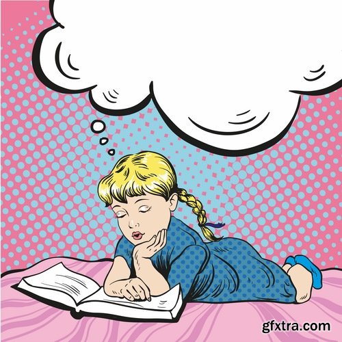 Collection of comic book illustration girl woman with different emotions and thoughts 25 EPS