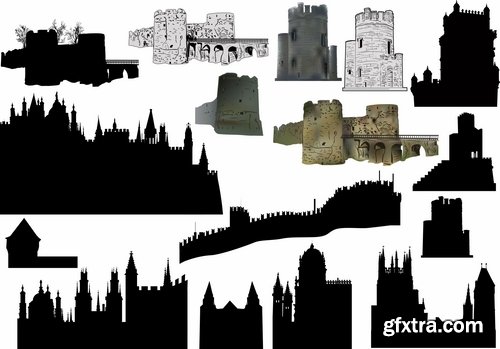 Collection of castle fort icon silhouette of a medieval tower building vector image 25 EPS