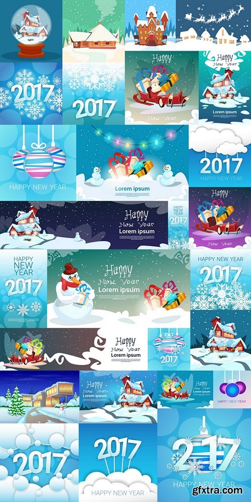 Merry Christmas New Year Banner Greeting Card Flat Vector Illustration 2