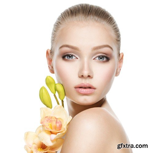 Portrait of the beautiful woman, cosmetic cream on face