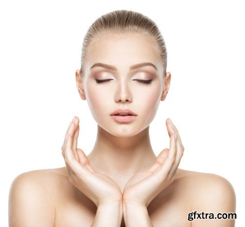 Portrait of the beautiful woman, cosmetic cream on face