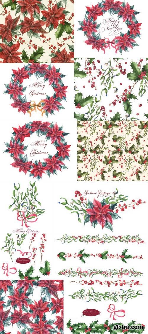 Hand-Drawn Watercolor Christmas Flowers