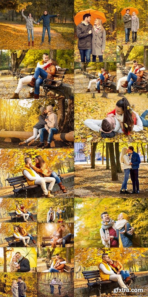 Young couple in the park at sunny autumn day