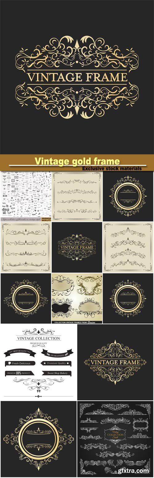 Vintage gold frame, calligraphic design elements, decorative vector illustration