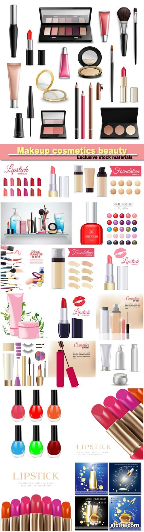 Makeup cosmetics beauty, collection with lip gloss compact powder and eyeliner