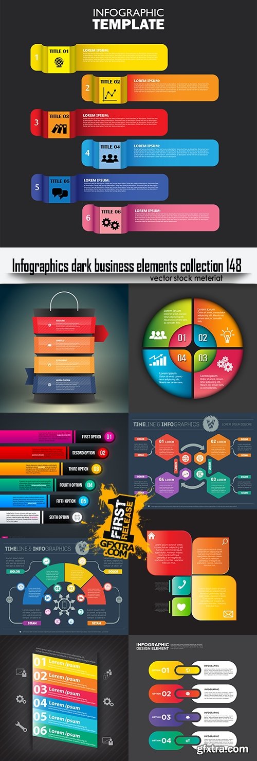 Infographics dark business elements collection 148