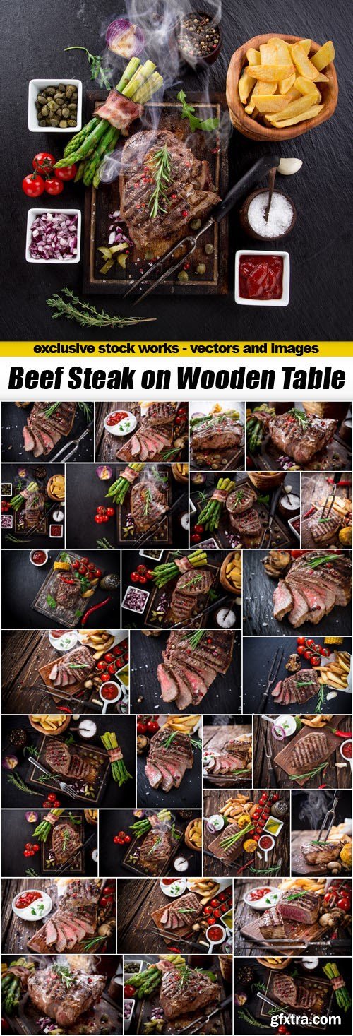 Beef Steak on Wooden Table - 30xUHQ JPEG