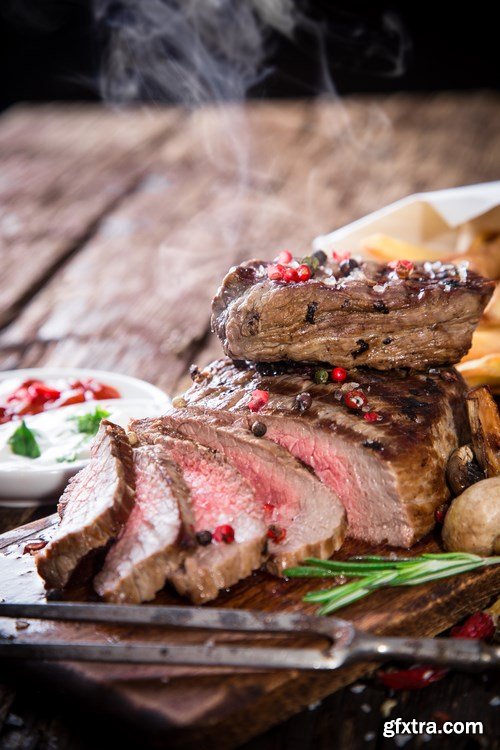 Beef Steak on Wooden Table - 30xUHQ JPEG