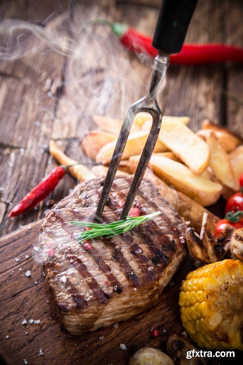 Beef Steak on Wooden Table - 30xUHQ JPEG