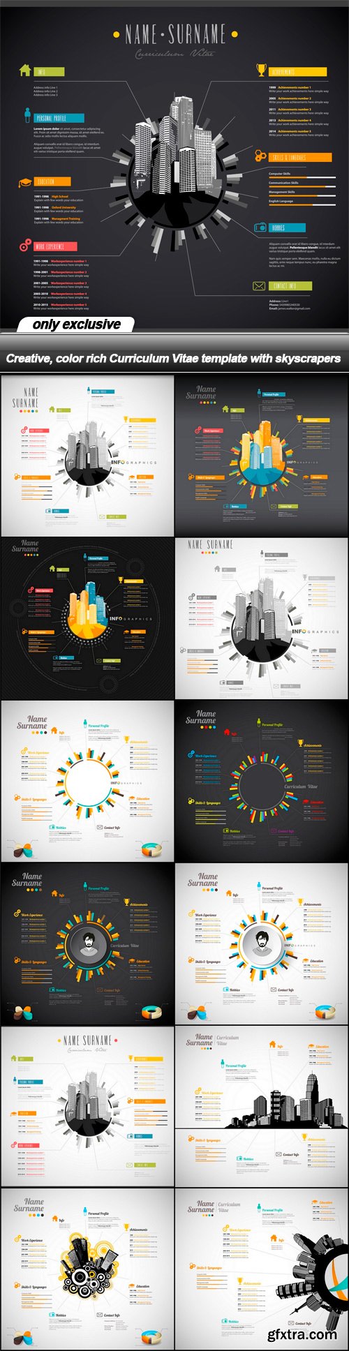 Creative, color rich Curriculum Vitae template with skyscrapers - 13 EPS