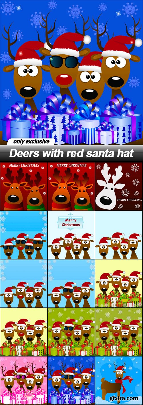 Deers with red santa hat - 15 EPS