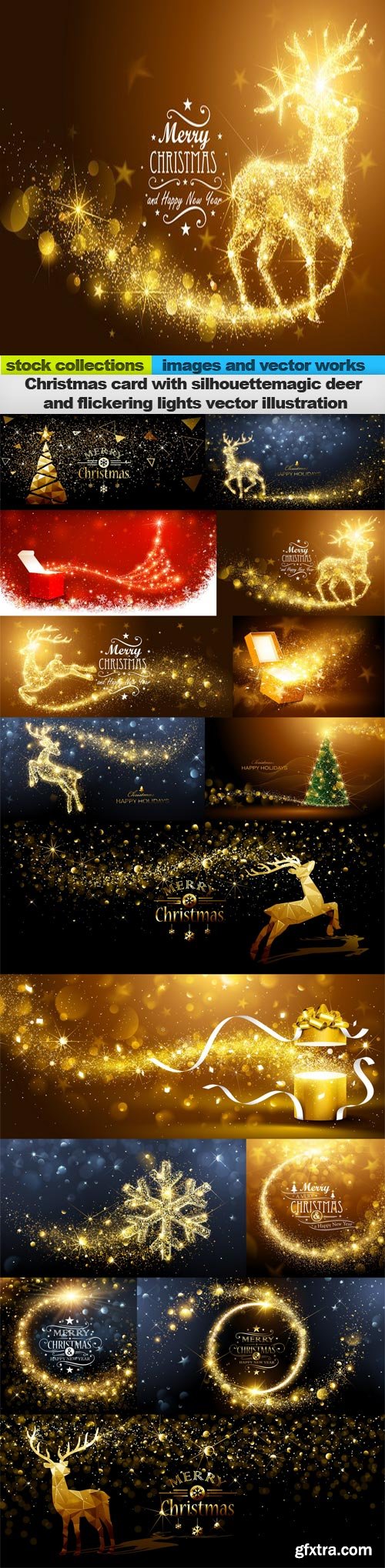 Christmas card with silhouettemagic deer and flickering lights vector illustration,  15 x EPS