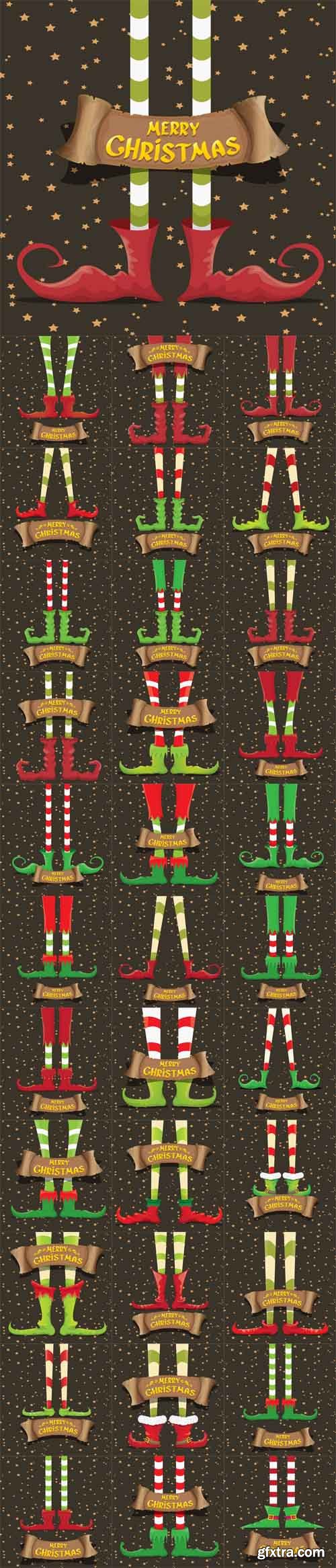 Vector Set - Merry Christmas Card with Cartoon Elfs Legs