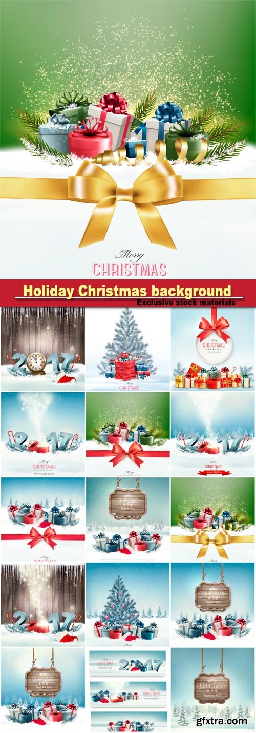Holiday Christmas background with christmas tree, colorful gift boxes and a red gift ribbon