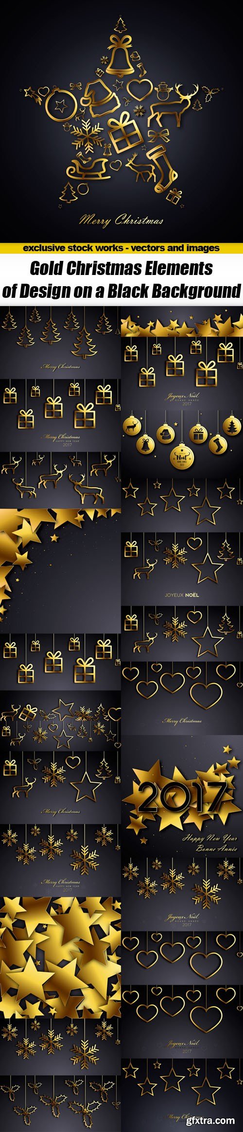 Gold Christmas Elements of Design on a Black Background - Vector Stock, 25xEPS