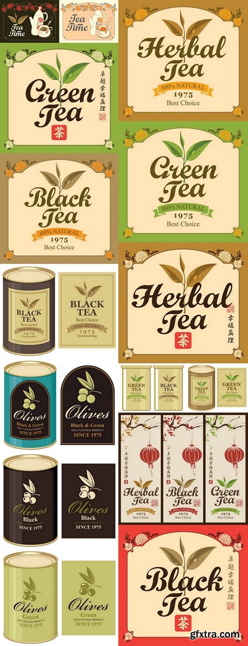 Set of labels for the black, green and herbal tea from the tree branches pattern with Chinese paper lantern. Hieroglyphics Tea, Perfection, Happiness, Truth