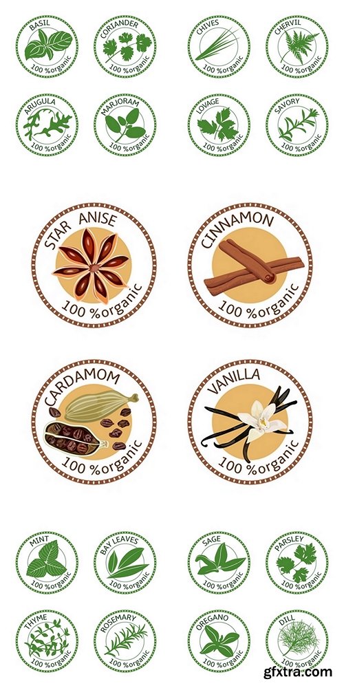 Set of spices labels. 100% organic. Spice collection