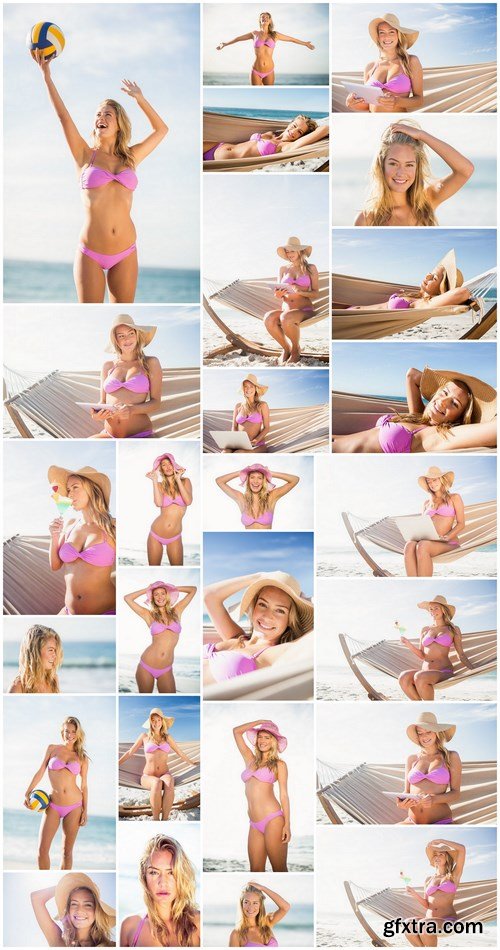 Beautiful Blonde, Beach, Laptop, Hammock - 26xUHQ JPEG Photo Stock