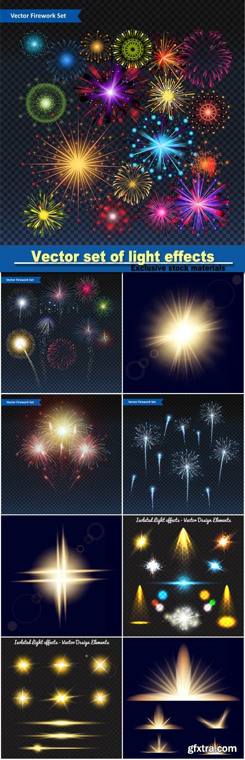 Vector set of light effects, background for festive celebrations, new year, christmas, birthday, carnival