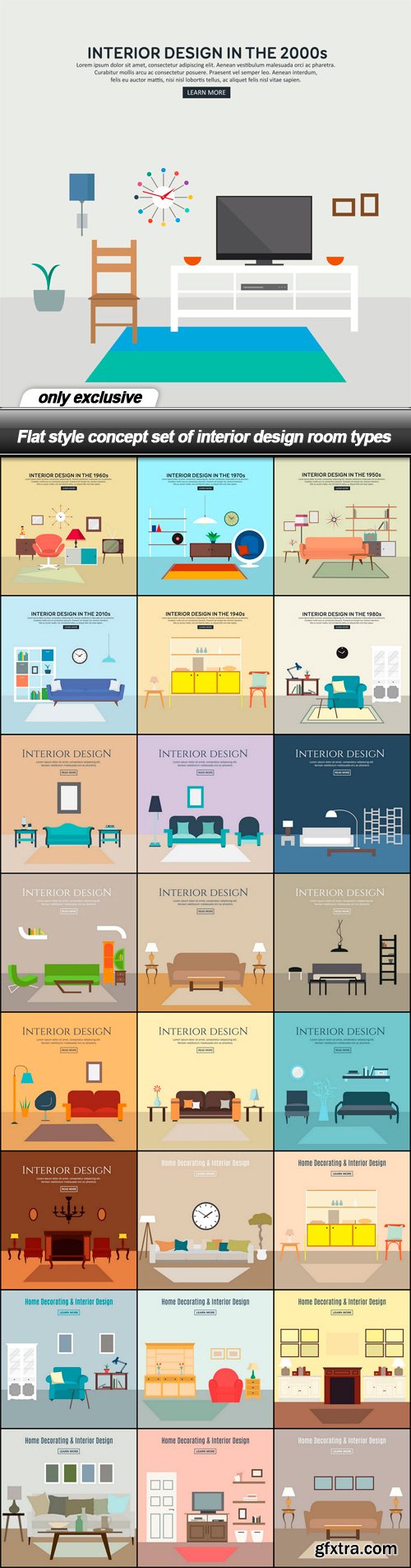 Flat style concept set of interior design room types - 25 EPS