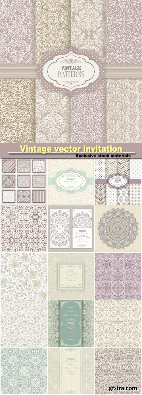 Vintage vector invitation with patterns, seamless textures