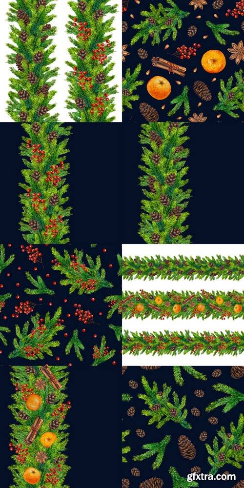 Watercolor Christmas Seamless Borders and Patterns