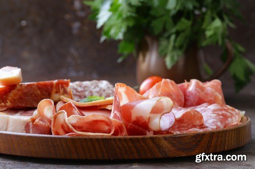 Assorted deli meats - ham, sausage, salami, parma, prosciutto, bacon - 14xUHQ JPEG Photo Stock