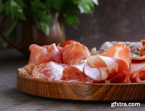 Assorted deli meats - ham, sausage, salami, parma, prosciutto, bacon - 14xUHQ JPEG Photo Stock