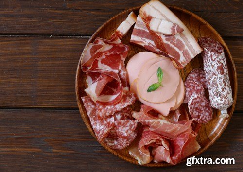 Assorted deli meats - ham, sausage, salami, parma, prosciutto, bacon - 14xUHQ JPEG Photo Stock