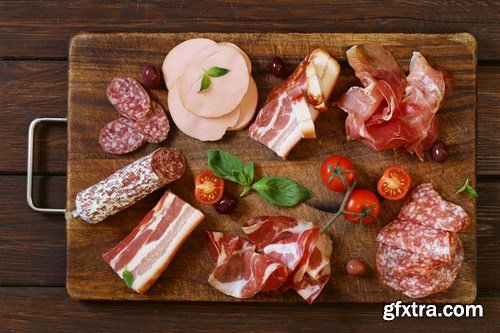 Assorted deli meats - ham, sausage, salami, parma, prosciutto, bacon - 14xUHQ JPEG Photo Stock