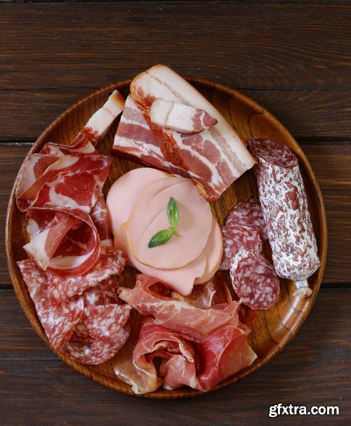 Assorted deli meats - ham, sausage, salami, parma, prosciutto, bacon - 14xUHQ JPEG Photo Stock