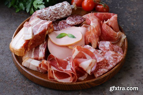 Assorted deli meats - ham, sausage, salami, parma, prosciutto, bacon - 14xUHQ JPEG Photo Stock