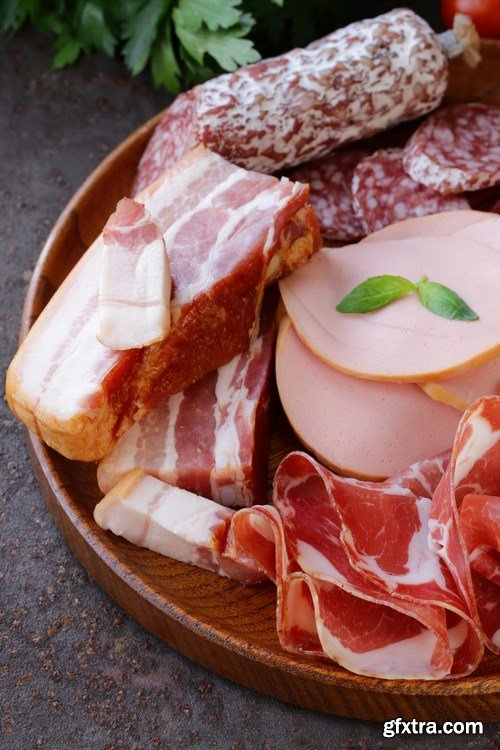 Assorted deli meats - ham, sausage, salami, parma, prosciutto, bacon - 14xUHQ JPEG Photo Stock