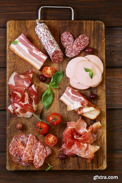 Assorted deli meats - ham, sausage, salami, parma, prosciutto, bacon - 14xUHQ JPEG Photo Stock